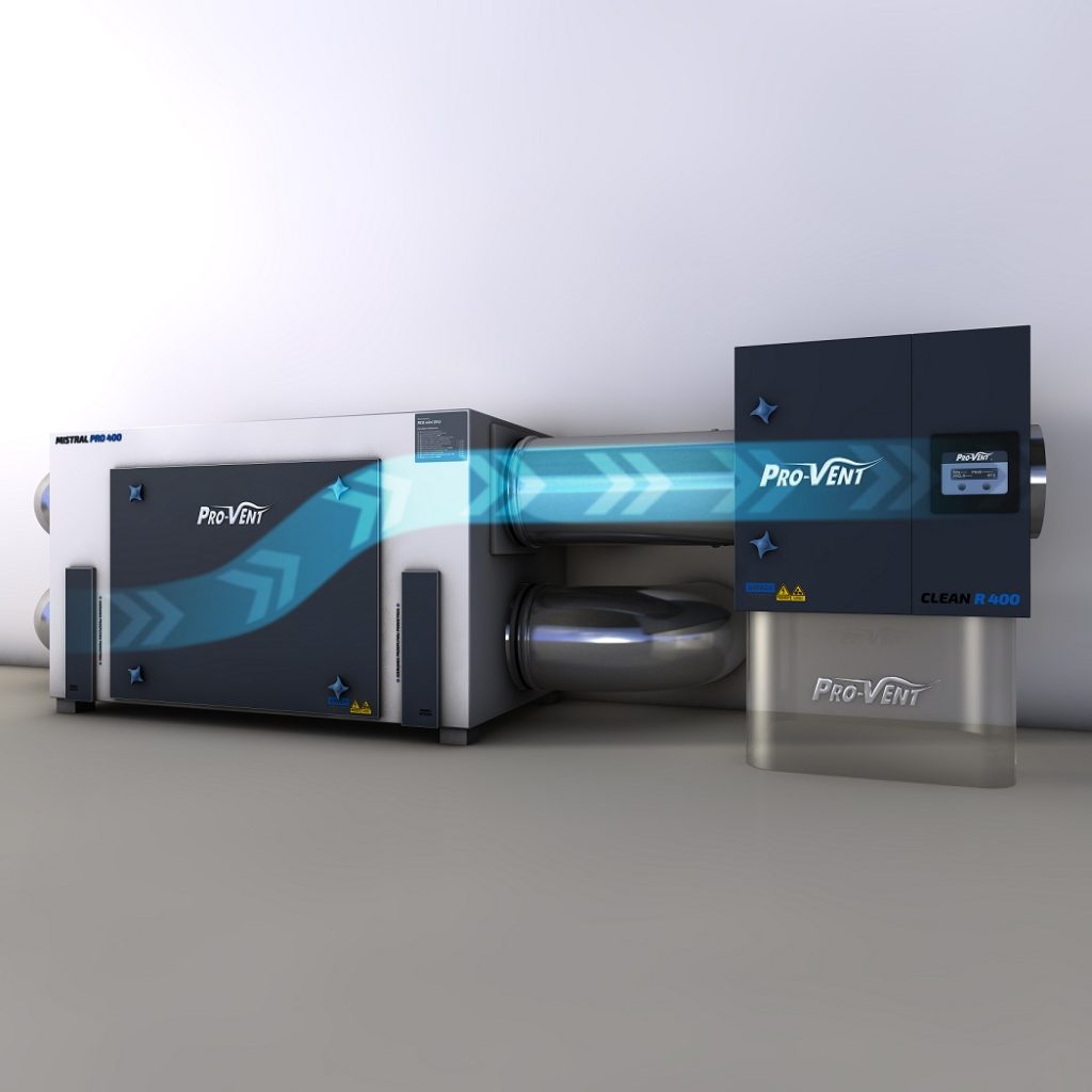Rekuperator PRO-VENT MISTRAL we współpracy z elektro-jonizacyjnym filtrem powietrza PRO-VENT CLEAN R tworzy barierę, która w 99,95% oczyszcza napływające do budynku powietrze oraz chroni przed niekontrolowanym napływem zanieczyszczeń z zewnątrz (np. przez nieszczelności).