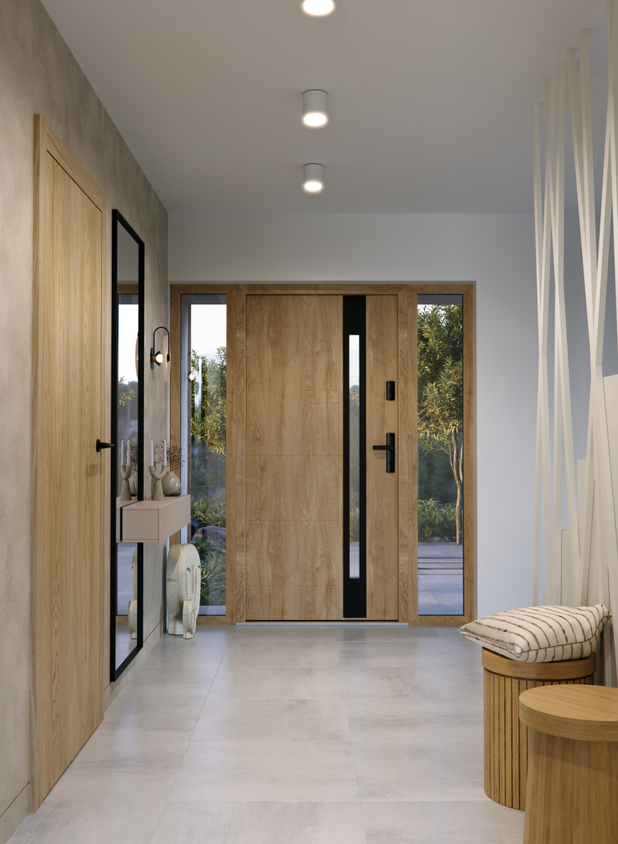 PORTA THERMO_GLASS_G1_dabWoodecTurner_klamka+szyldApolloCzarny_panelCzarny_naśiwetlaBoczne40_szybaGrafit_interior_arn_Porta_RN PORTA THERMO_GLASS_G1_dabWoodecTurner_klamka+szyldApolloCzarny_panelCzarny_naśiwetlaBoczne40_szybaGrafit_interior_arn_Porta_RN